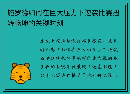 施罗德如何在巨大压力下逆袭比赛扭转乾坤的关键时刻