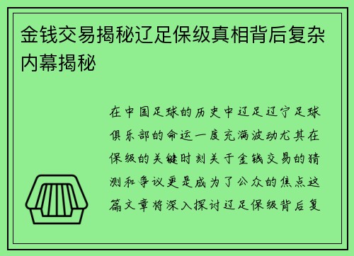 金钱交易揭秘辽足保级真相背后复杂内幕揭秘