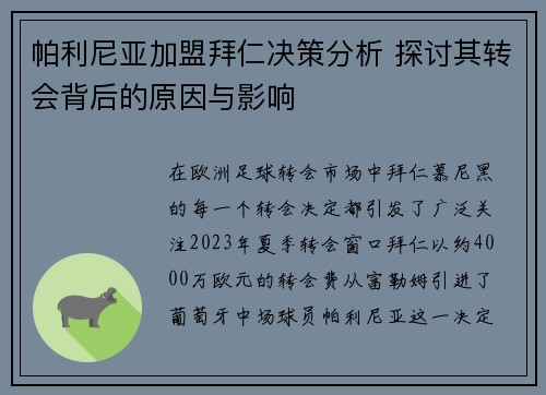 帕利尼亚加盟拜仁决策分析 探讨其转会背后的原因与影响