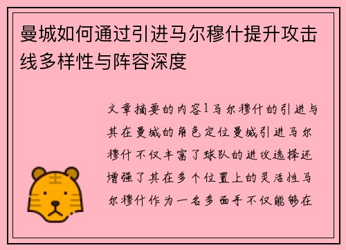 曼城如何通过引进马尔穆什提升攻击线多样性与阵容深度 曼城如何通过引进马尔穆什提升攻击线多样性与阵容深度